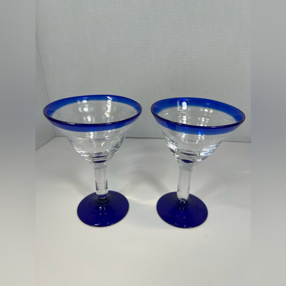 Cobalt Blue Rim Margarita Glasses Set of 2 Hand Blown Clear Stemware Cocktail